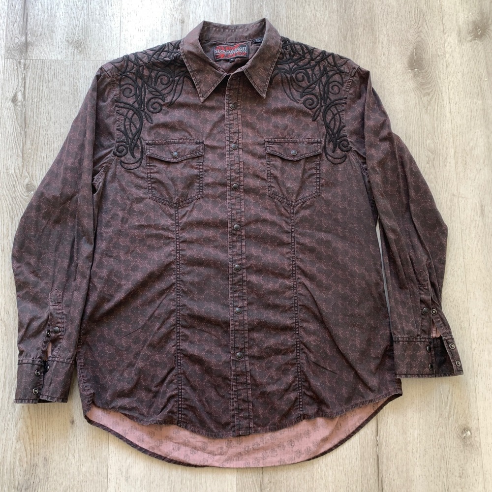 Rock and Roll Cowboy Mens XL‎ Brown Acid Wash Western Embroidered Snap Shirt